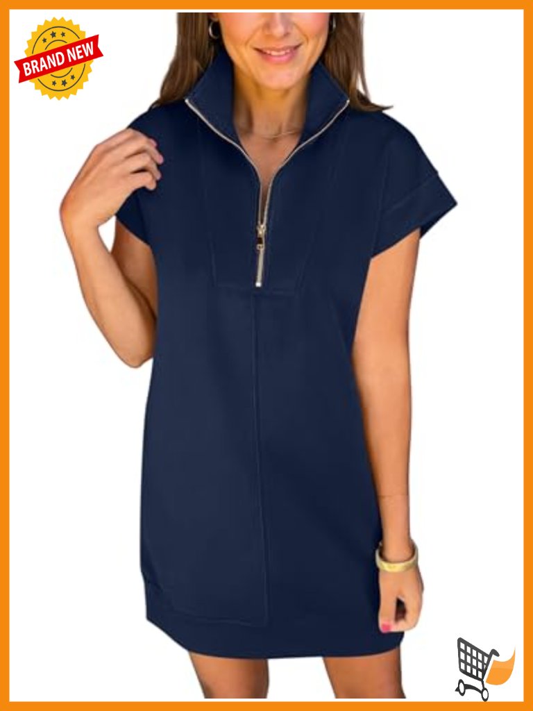 Womens Summer Casual Half Zip Cap Sleeve Wrinkle-Free Tshirt Dress Beach